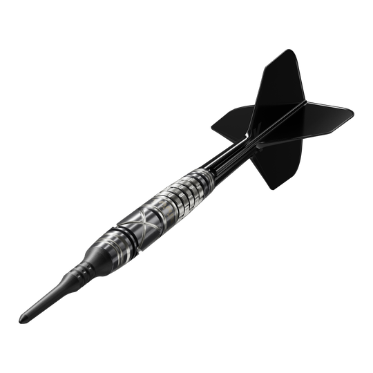 Target Japan Black Marque Chaos 2 Soft Darts - 19g Das Bild zeigt einen Target Japan Black Marque Chaos 2 Softdart mit einem Gewicht von 19 Gramm. Der Dartpfeil ist schwarz-silbern gestaltet und hat ein modernes, stilvolles Design.