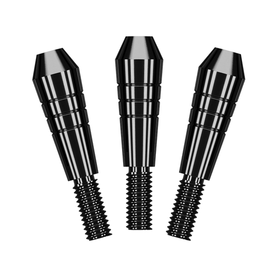 200482_Target_Power_Titanium_Shaft_Ersatztops_Schwarz_1 Das Bild zeigt drei schwarze Ersatz-Tops für Target Power Titanium Shafts. Sie haben ein glänzendes, gerilltes Design mit einem Gewinde am unteren Ende.