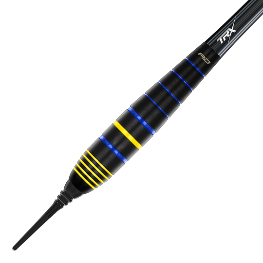 Red Dragon Luke Humphries World Champion Brass Softdarts - 20g Das Bild zeigt den Red Dragon Luke Humphries World Champion Brass Softdart mit einem Gewicht von 20g. Der Dart ist schwarz mit blauen und gelben Rillen verziert.