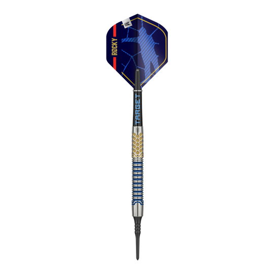 Target Josh Rock GEN1 Soft Darts - 20g Das Bild zeigt einen Target Josh Rock GEN1 Softdart mit einem Gewicht von 20g. Der Dartpfeil hat ein modernes Design mit blauen und goldenen Akzenten.