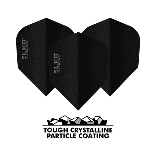 Harrows Silica Solid Tough Crystalline Coating Black No6 Flight Das Bild zeigt drei schwarze Dart-Flights der Marke Harrows Silika mit der Aufschrift "SILIKA HARROWS". Unter den Flights befindet sich ein Logo mit der Aufschrift "TOUGH CRYSTALLINE PARTICLE COATING".