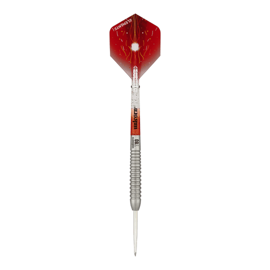 Unicorn Core XL Striker Style 5 steel darts Das Bild zeigt einen Unicorn Core XL Striker Style 5 Steeldart. Der Dart hat einen silbernen Schaft und eine rot designte Flights.