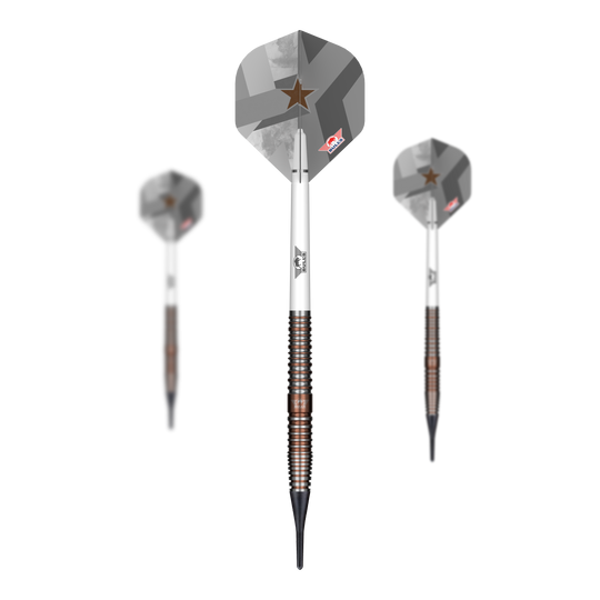 Bulls NL Max Hopp E5 soft darts - 20g Das Bild zeigt die Bulls NL Max Hopp E5 Softdarts mit einem Gewicht von 20g. Diese Softdarts sind speziell für präzises Dartspiel entwickelt.