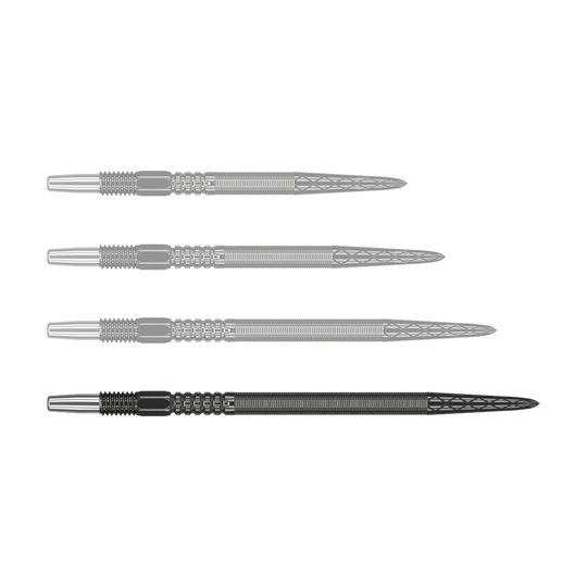 Target Swiss Point DX dart tips - Black Auf dem Bild sind vier schwarze Dartspitzen in einer Reihe zu sehen. Die Spitzen haben ein silbernes Ende und ein fein strukturiertes, geriffeltes Design.