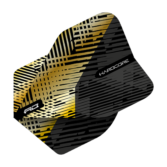 TF6832_Red_Dragon_Hardcore_Premium_Gold_Black_Fleck_Standard_Flights_21qJtqGGoE2Php Das Bild zeigt das Produkt "Red Dragon Hardcore Premium Gold Black Fleck Standard Flights." Das Design besteht aus goldenen und schwarzen Linien mit auffälligen Mustern.