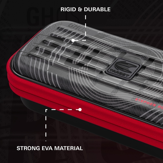 Takoma Ghost Series Stephen Bunting dart case Auf dem Bild ist das Takoma Ghost Series Stephen Bunting Dartcase zu sehen. Es ist eine Schutztasche für Darts mit dem Design von Stephen Bunting.