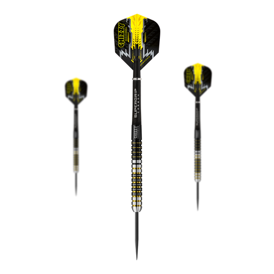 Harrow's Dave Chisnall Chizzy steel darts Das Bild zeigt drei Steeldarts des Modells "Harrows Dave Chisnall Chizzy". Die Darts sind schwarz-gelb gestaltet und haben die Aufschrift "CHIZZY" auf den Flights.