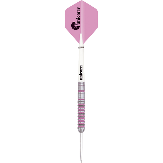 06020_Unicorn_Autograph_Steeldarts_1S3p4gR1frsl1F Das Bild zeigt einen Unicorn Autograph Steeldart mit einer rosa Flights und silber-lila Griff. Der Schaft ist weiß und auf ihm steht das Wort „unicorn“.
