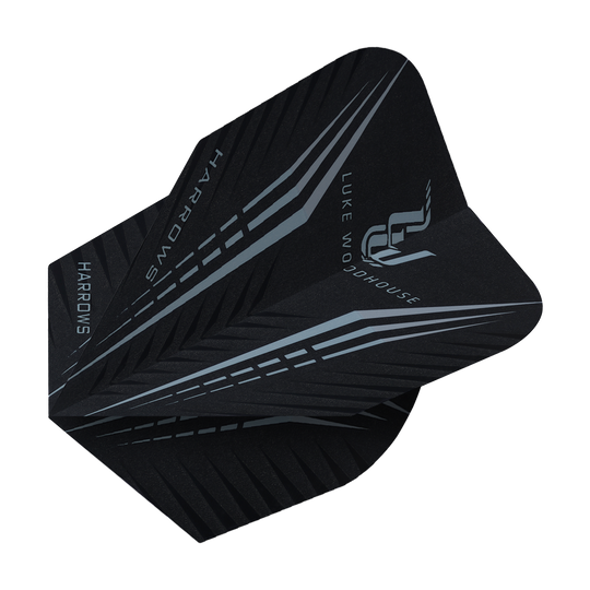 HR24_Harrows_Prime_Luke_Woodhouse_Standard_Flights_2 Das Bild zeigt ein schwarzes Dart-Flight mit silbernen Linien und dem Namen "Luke Woodhouse". Auf dem Flight steht außerdem die Marke "Harrows".