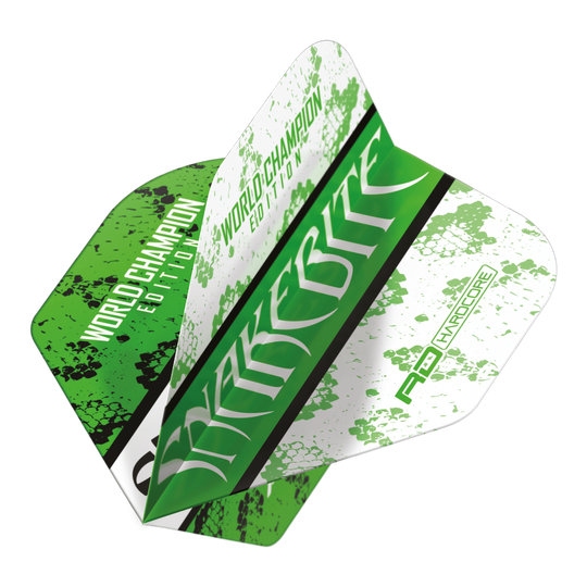 Red Dragon Peter Wright Snakebite Green White Yin Yang Standard Flights Das Bild zeigt ein Dart-Flight mit grün-weißem Design und dem Aufdruck "Snakebite" sowie "World Champion Edition". Es handelt sich um das Modell "Red Dragon Peter Wright Snakebite Green White Yin Yang Standard Flights".