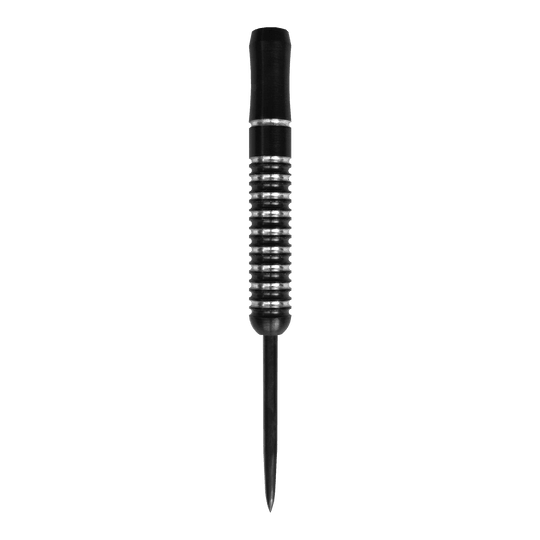McDart Void Steeldart Barrels - 23g Das Bild zeigt einen McDart Void Steeldart Barrel mit einem Gewicht von 23g. Der Dart hat ein schwarz-silbernes Rillenmuster und eine spitze Metallspitze.