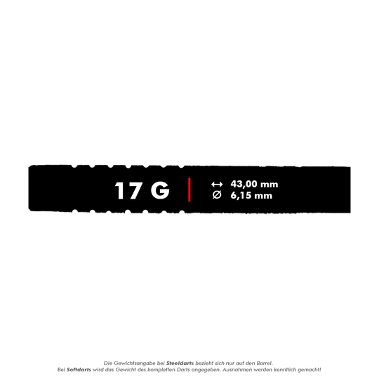 McDart 85 Tungsten V1 soft darts - 17g Das Bild zeigt die Produktinformationen zu den McDart 85er Tungsten V1 Softdarts mit einem Gewicht von 17 Gramm. Die Darts sind 43,00 mm lang und haben einen Durchmesser von 6,15 mm.