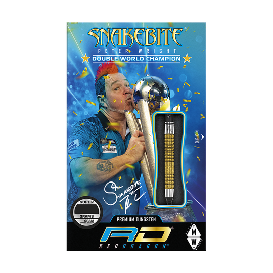 Das Bild zeigt die Verpackung der "Red Dragon Peter Wright Double World Champion SE Gold Plus Softdarts - 20g". Auf der Verpackung ist ein Bild von Peter Wright mit Pokal und einem goldfarbenen Dart abgebildet.