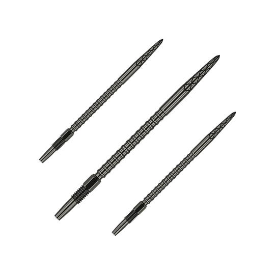 Target Swiss DS Surge Point dart tips - Black Verschiedene Dartspitzen mit mattem Glanz sind zu erkennen. Die Spitzen haben eine klare Linienführung.