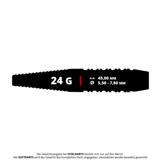 Gezeigt werden McDart Black Ring Shark Steeldart-Barrels, 24g schwer. Die Barrels haben eine spezielle Shark-Riffelung für mehr Grip.