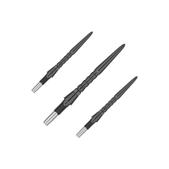 Das Bild zeigt drei schwarze Steeldartspitzen, die parallel angeordnet sind. Sie haben eine metallische Aufnahme am hinteren Ende und eine strukturierte Oberfläche.