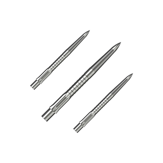 Caliburn System Steel Dart Tips - Micro Grip - Silver Das Bild zeigt drei silberne Steeldartspitzen mit feinem Micro-Grip. Sie sind 28 mm lang und sauber nebeneinander angeordnet.