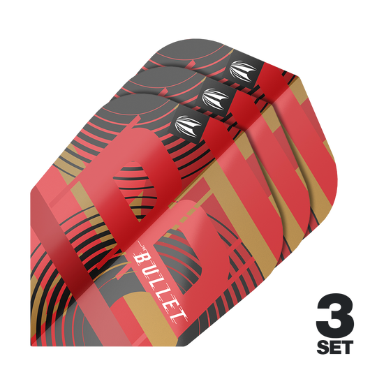 Das Bild zeigt drei Sätze der Target Pro Ultra Stephen Bunting GEN5 No6 Flights. Die Flights sind rot, schwarz und gold gefärbt und tragen das Wort "BULLET".