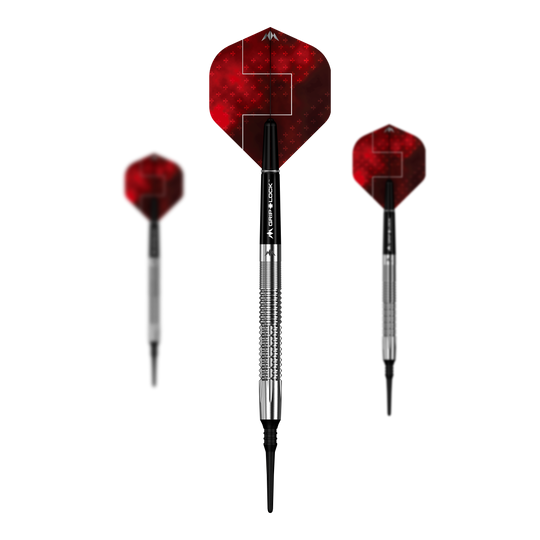 Dieses Bild zeigt das Set Mission Thomas Junghans Softdarts mit einem Gewicht von 20 Gramm. Das Dartset ist als Komplettpaket dargestellt.
