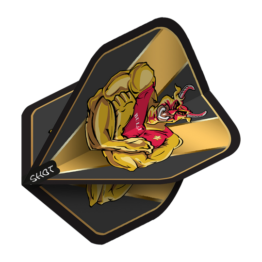 Shot Michael Smith Bully Boy Gold Standard Flights Das Bild zeigt die 'Shot Michael Smith Bully Boy Gold Standard Flights' mit einem goldenen, muskulösen Stier als Motiv. Die Flights sind schwarz-gold gehalten und haben eine auffällige, kräftige Grafik.