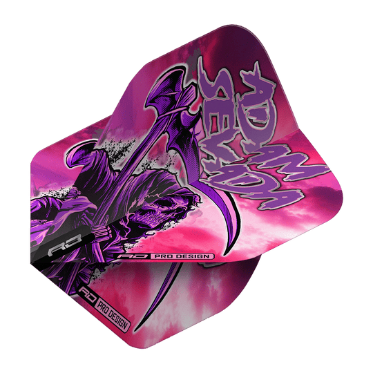 Red Dragon Hardcore Adam Sevada Premium No2 Standard Flights Dieses Bild zeigt die Red Dragon Hardcore Adam Sevada Premium No2 Standard Flights. Die Flights sind in auffälligem Pink und Lila gestaltet und zeigen einen düsteren Sensenmann mit der Aufschrift „Adam Sevada“.