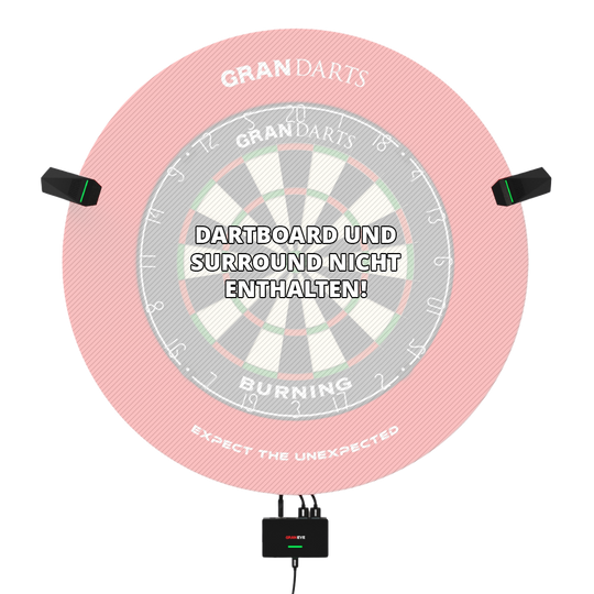 GranDarts Gran Eye GEN2 Steeldart auto scoring system Das Bild zeigt das GranDarts GranEye Steeldart Auto-Scoring-System mit Kameras und einer Steuereinheit. In der Mitte steht der Hinweis: "Dartboard und Surround nicht enthalten!"