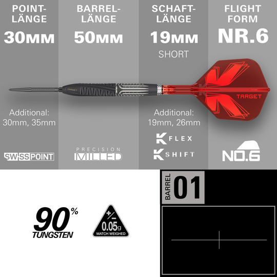 Target Shift Swiss Point Steel Darts Hier sind Target Shift Swiss Point Steeldarts zu sehen. Die Darts werden aus einer anderen Perspektive dargestellt.