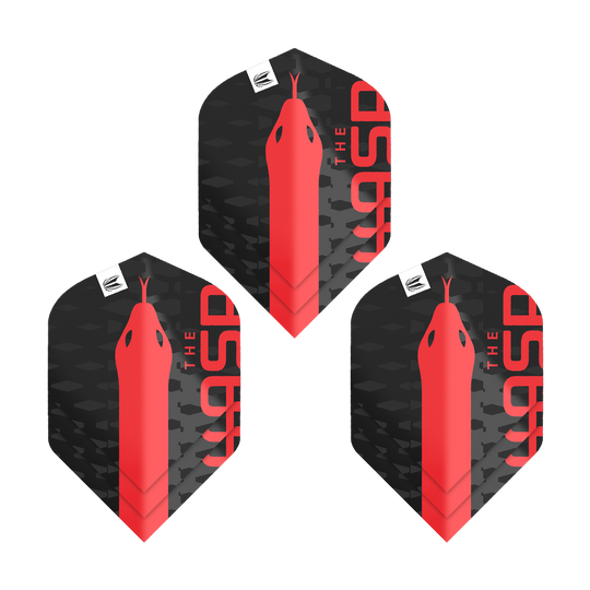 Target Pro Ultra Nathan Aspinall No2 Standard Flights - 3 sets Das Bild zeigt drei schwarze Dart-Flights mit einem roten Schlangenkopf und der Aufschrift "THE ASP". Es handelt sich um das Produkt "Target Pro Ultra Nathan Aspinall No2 Standard Flights - 3 Sets".