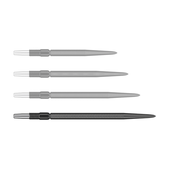 Target Swiss Point Nano Dart Tips - Black Auf dem Bild sind vier schwarze Dartspitzen nebeneinander angeordnet. Die Spitzen haben einen silbernen Ansatz und einen geriffelten Schaft.