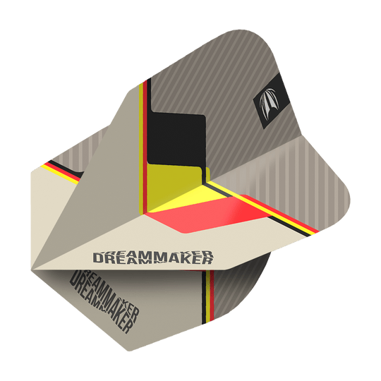 TG77_336500_Target_Pro_Ultra_Dimitri_Van_Den_Bergh_2022_No6_Flights_2bmayl8KgcW1Zu Das Bild zeigt die Target Pro Ultra Dimitri Van Den Bergh No6 Flights. Das Design ist modern mit den Farben Schwarz, Gelb und Rot sowie dem Schriftzug "Dreammaker".