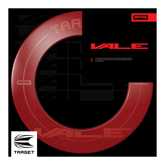 Target VALE Dartboard Surround Das Bild zeigt das Produkt "Target VALE Dartboard Surround" in einem auffälligen roten Design. Es wurde speziell entwickelt, um den bestmöglichen Schutz für Wände beim Dartspiel zu bieten.