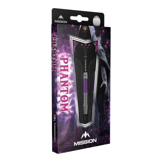 Mission Phantom Brass Soft Darts - 18g Die Abbildung zeigt die Mission Phantom Brass Softdarts mit einem Gewicht von 18g. Die Verpackung ist lila-schwarz gestaltet und zeigt einen mystischen Phantom-Charakter.