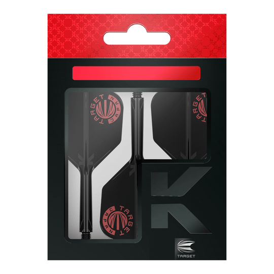 Das Bild zeigt die Verpackung des Produkts "Target Japan K-Flex Original Logo Red Black No6 Flight-Shaft-System". Die Verpackung ist schwarz mit roten Akzenten und dem Target-Logo sichtbar.