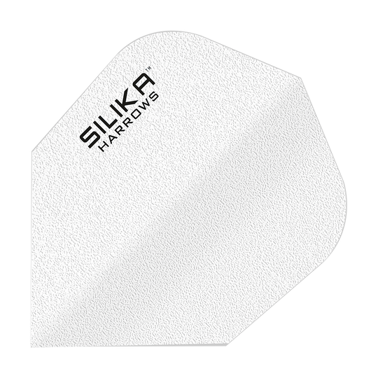 Das Bild zeigt ein weißes Dart-Flight mit der Aufschrift "SILIKA HARROWS". Es hat eine strukturierte Oberfläche und gehört zur Produktreihe "Silika Solid Tough Crystalline Coating White No6 Flights".