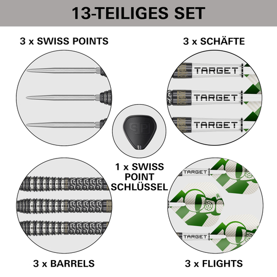 Das Bild zeigt die Target Charlie Manby Swiss Points Steeldarts. Sie eignen sich für professionelle Dartspieler.