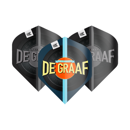 Target Pro Ultra Jeffrey De Graaf GEN1 No2 Standard Flights - 3 sets Das Bild zeigt drei Sätze Target Pro Ultra Jeffrey De Graaf GEN1 No2 Standard Flights. Auf den Flights steht groß „DE GRAAF“ und sie haben ein modernes Design in Schwarz und Blau.