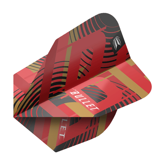 Das Bild zeigt ein Dartflight aus der Serie "Target Pro Ultra Stephen Bunting GEN5 No6". Das Flight ist rot mit schwarzen und goldenen Akzenten und trägt die Aufschrift "BULLET".