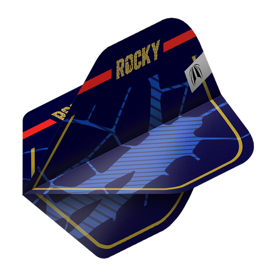 Target Pro Ultra Josh Rock GEN1 No2 Standard Flights - 3 Sets Das Bild zeigt drei Sätze der Target Pro Ultra Josh Rock GEN1 No2 Standard Flights. Die Flights sind dunkelblau mit goldener Umrandung und dem Schriftzug "ROCKY" in Gold.