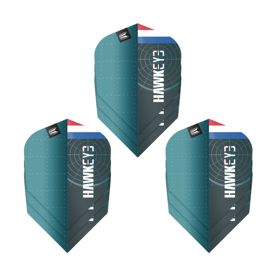 Das Bild zeigt drei Sätze der Target Pro Ultra Kevin Doets GEN1 No6 Flights. Die Flights sind blau-grün und haben das Wort "Hawkeye" sowie ein Target-Design und eine kleine Flagge.