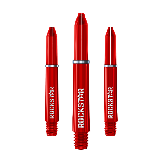 Winmau Joe Cullen Rockstar Nylon Shafts Auf dem Bild sind drei rote Nylon-Dartschäfte mit der Aufschrift "ROCKSTAR" zu sehen. Sie haben silberne Ringe und sind nebeneinander angeordnet.