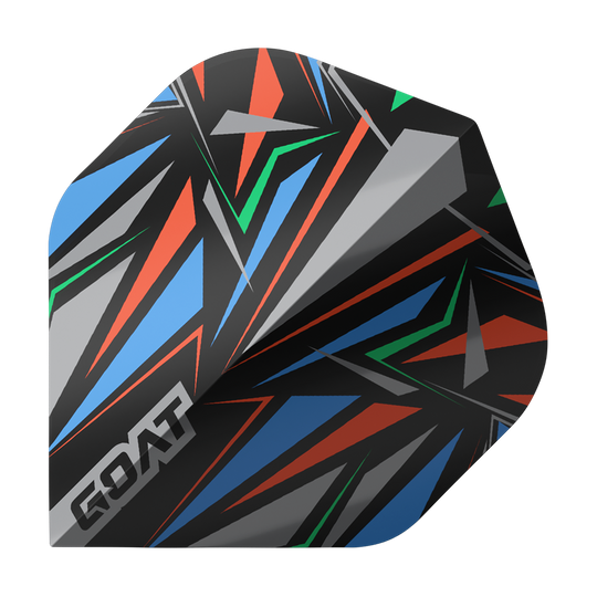 Das Bild zeigt das Produkt "GOAT Athlete Black No2 Standard Flights". Es hat ein auffälliges, geometrisches Muster in Schwarz mit blauen, roten, grünen und grauen Akzenten.