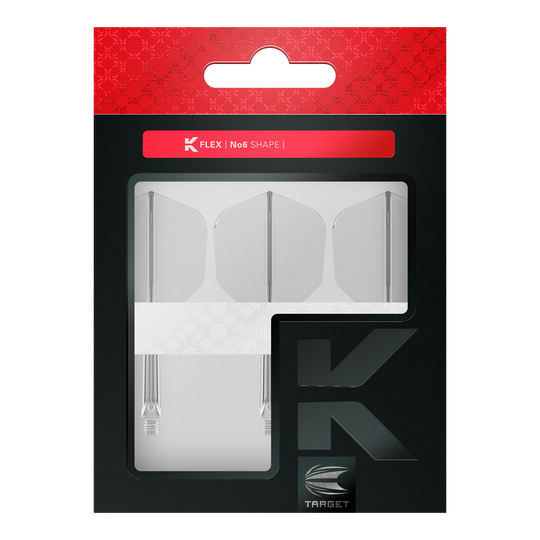 Target K-Flex No6 Flight System - Clear Das Bild zeigt eine Verpackung mit drei klaren Dart-Flights und Schäften der Marke Target. Die Verpackung ist schwarz und rot gestaltet und trägt die Aufschrift „K FLEX | No6 SHAPE“.