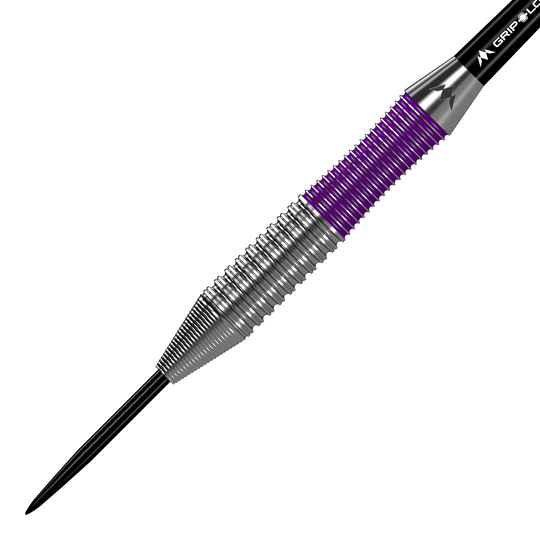 Mission Phantom Brass Steel Darts - 22g Das Bild zeigt einen Mission Phantom Brass Steeldart mit einem Gewicht von 22g. Der Dart hat eine silberne Spitze und ein Griffstück mit lila und silbernen Rillen.