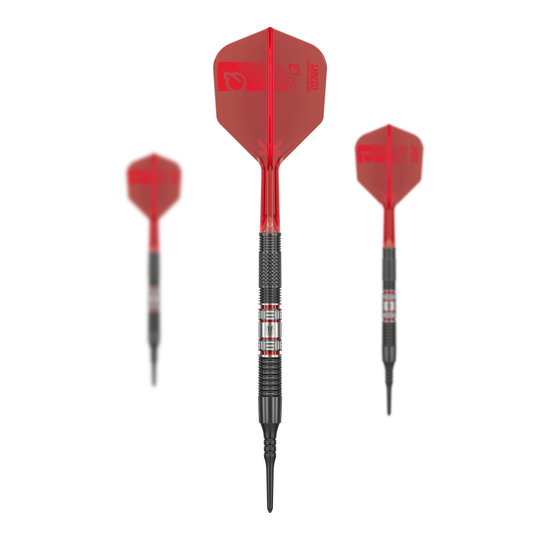 Target Gabriel Clemens 95K soft darts - 19g Das Bild zeigt drei Softdarts des Modells "Target Gabriel Clemens 95K Softdarts - 19g". Die Darts haben rote Flights und einen silber-schwarzen Barrel mit markanten Rillen.