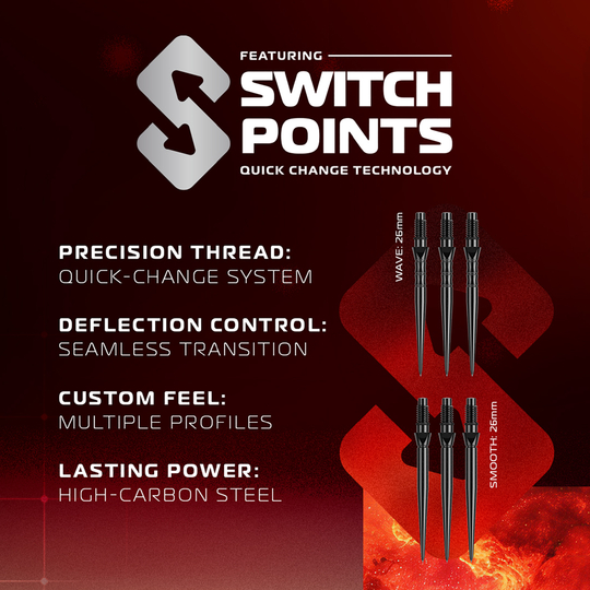 Winmau Fornax Parallel Switch Point Steeldarts sind auf dem Bild zu sehen. Es handelt sich um hochwertige Steeldarts für den professionellen Einsatz.