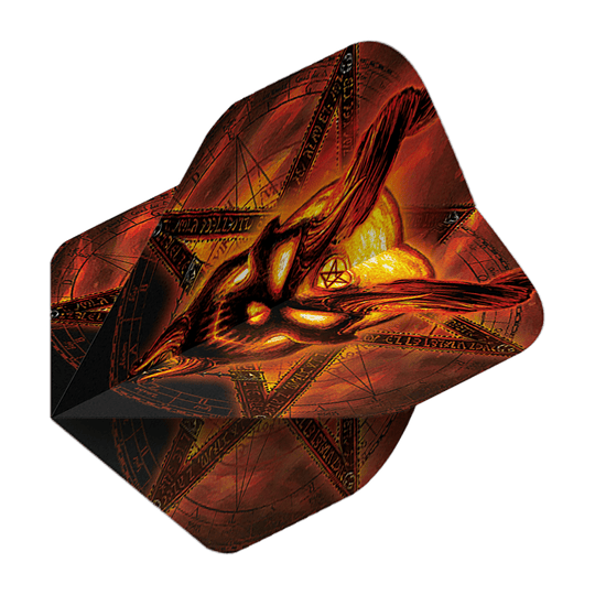 Das Bild zeigt das Produkt „Alchemy Burning Temple No2 Standard Flights“. Es hat ein auffälliges, feuriges Design mit einem brennenden Motiv und mystischen Symbolen.