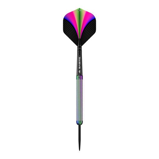 Mission Aurora Coral PVD steel darts - 23g Das Bild zeigt den Mission Aurora Coral PVD Steeldart mit einem Gewicht von 23g. Der Dartpfeil hat bunte, schillernde Farben und ein modernes Design.