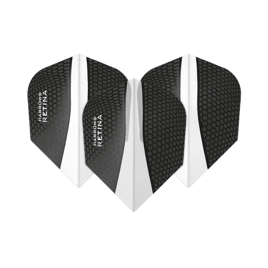 HR65_Harrows_Retina_Transparent_No2_Standard_Flights_10pvKYJFU3VUkD Das Bild zeigt drei schwarze Dartflights der Marke "Harrows Retina Transparent No6". Die Flights haben ein Wabenmuster und einen transparenten Mittelstreifen.