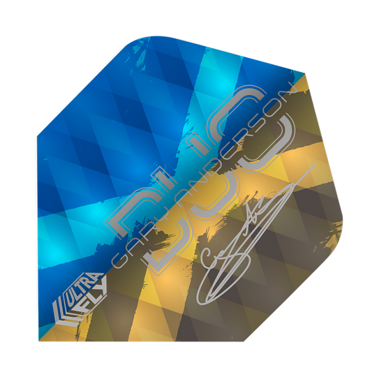 Das Bild zeigt ein Dart-Flight der Marke Unicorn Ultrafly 100 Gary Anderson Duo Plus. Das Flight hat ein Muster in Blau, Gelb und Braun und trägt die Unterschrift von Gary Anderson.