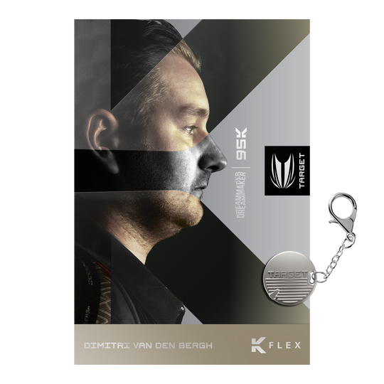 Target Dimitri Van Den Bergh 95K Swiss Point Steeldarts werden angezeigt. Das Bild zeigt das Aussehen und Design der Steeldarts.